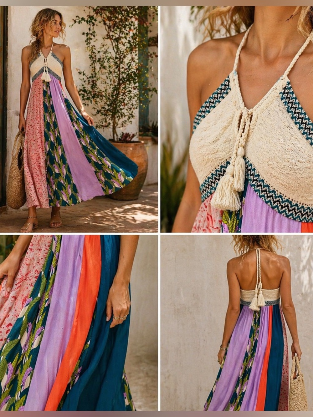 Jaline Handmade Halter Maxi Dress Silk Cotton Patchwork Boho Size S